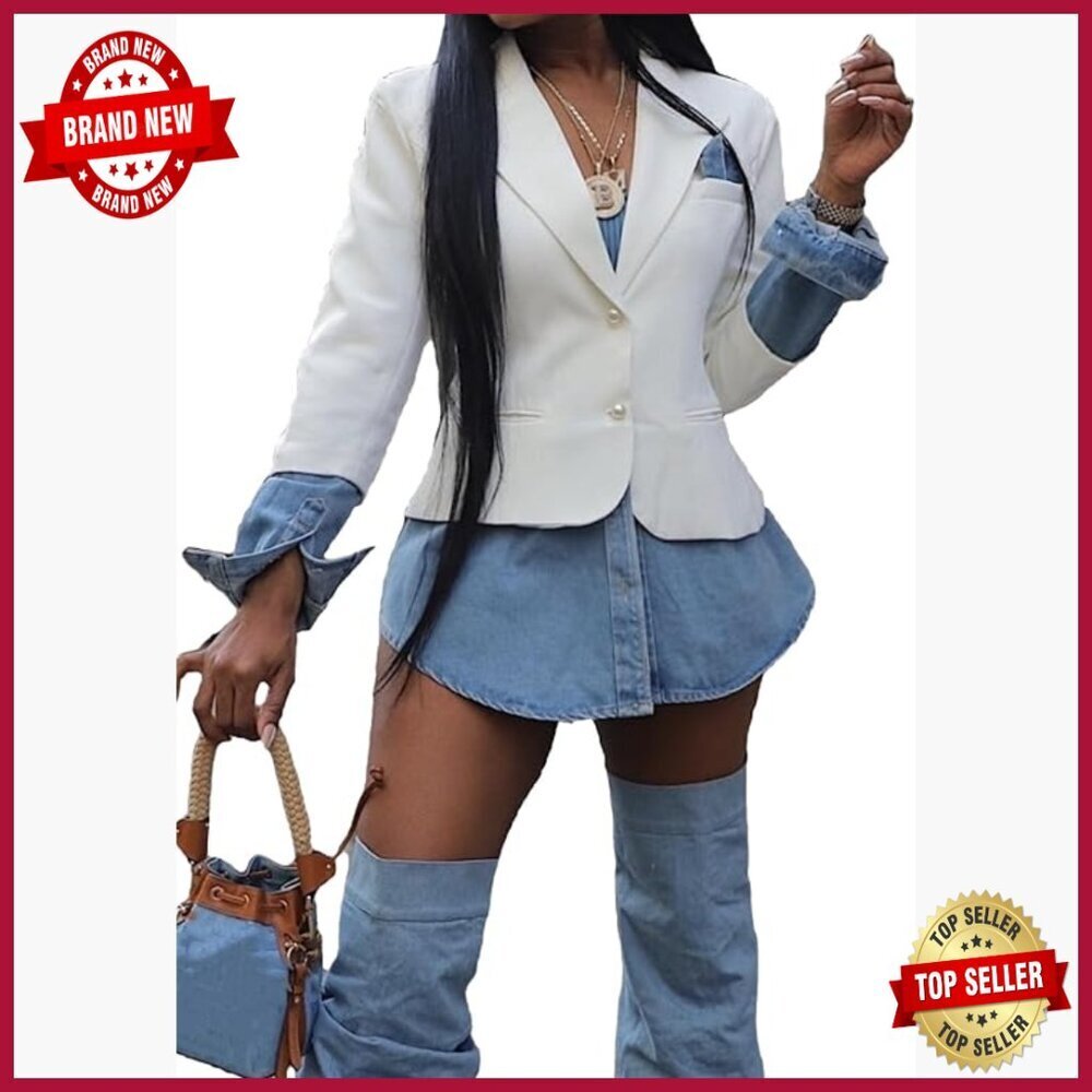 Denim Blazer with Pearl Buttons, Shorter Length, Business Casual Jacket